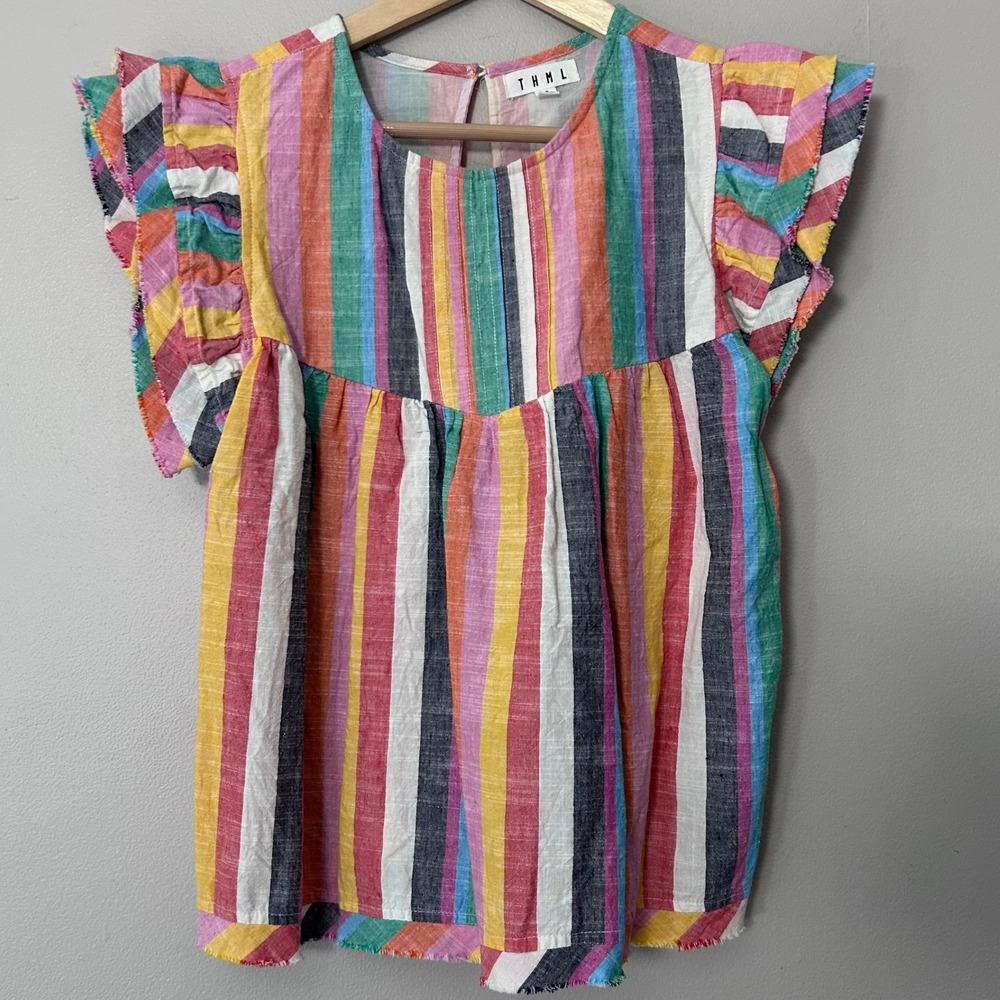 THML Top Women Small Multicolor Striped Ruffle Sleeve Boho Babydoll Cotton Shirt
